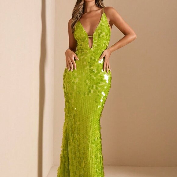 Green Party Women's Deep V-Neck Hollow Lace-Up Slim Fit Luxury Sequin Dress - Picture 6 of 7